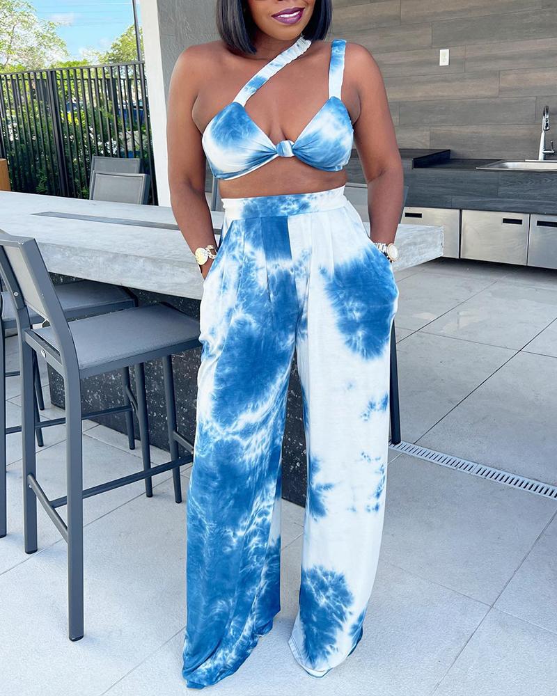 

Tie Dye Print One Shoulder Crop Top & High Waist Pants Set, Blue