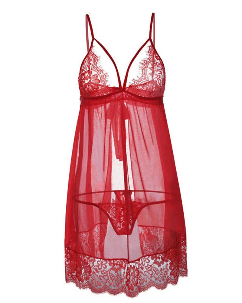 

Sheer Mesh Eyelash Lace Babydoll With Panty, Red