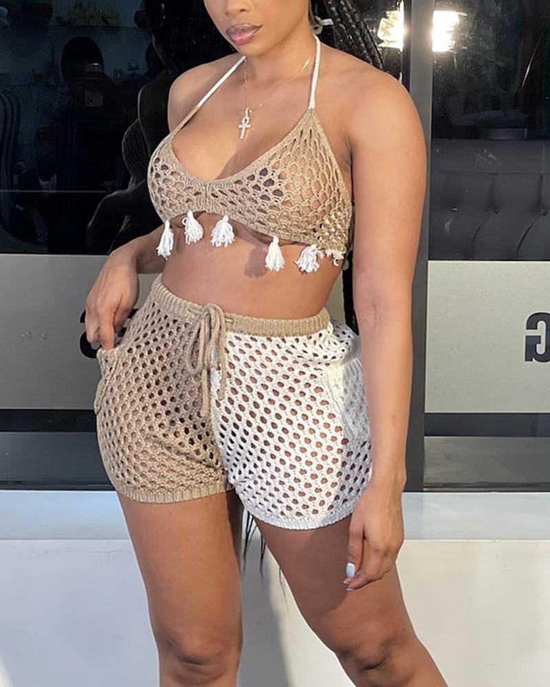 

Tassel Patch Strap Sleeveless Loose Tank With Shorts Suit Sets, Style1