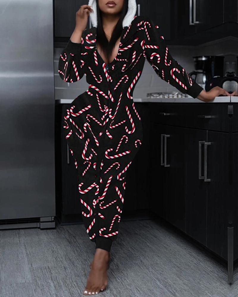 

Christmas Mixed Print Hooded Lounge Jumpsuit, Black