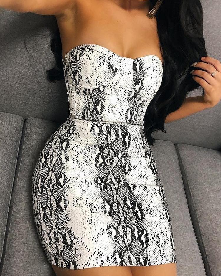 

Snakeskin Print Tube Mini Dress, White