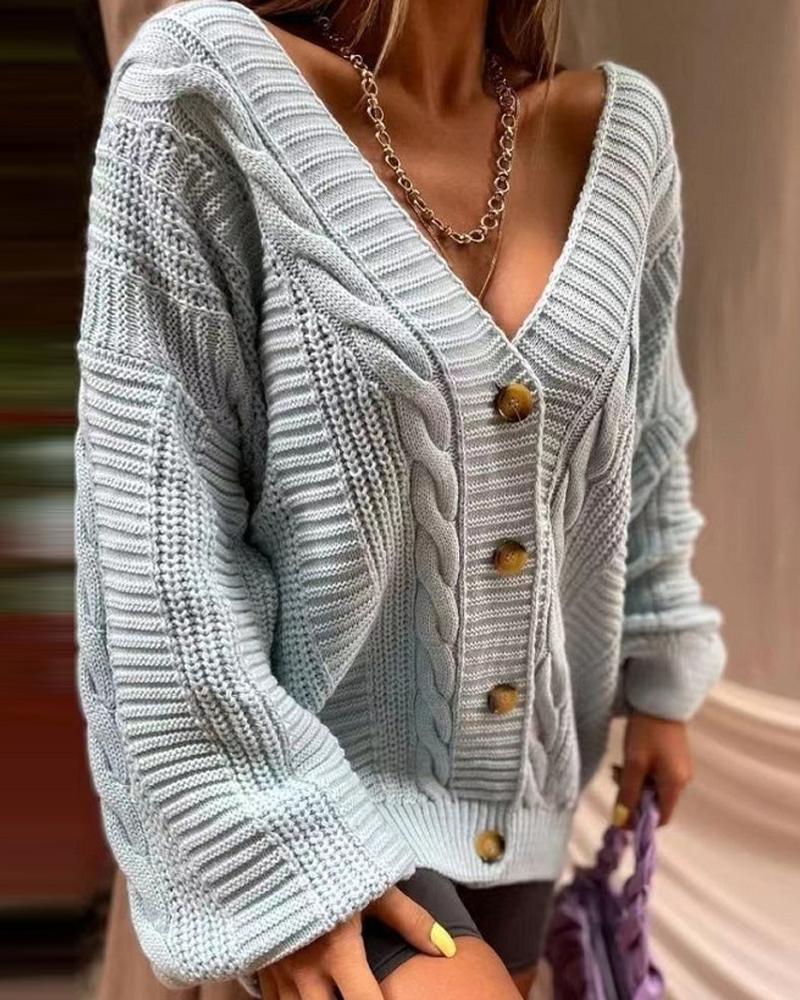 

Lantern Sleeve Button Front Cable Knit Cardigan, Gray