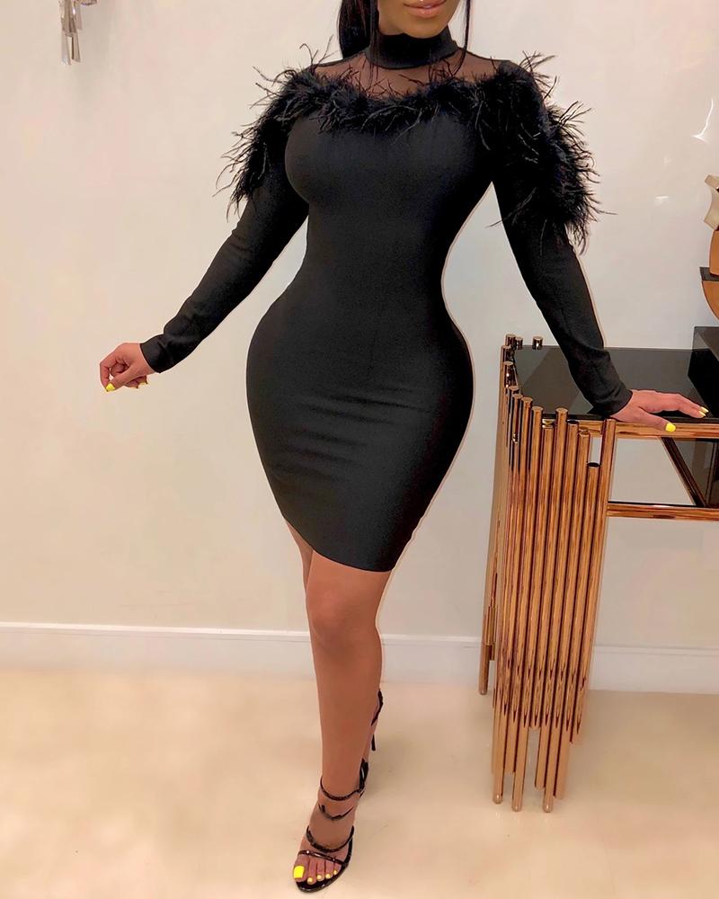 

Solid Fluffy Hem Mesh Bodycon Dress, Black
