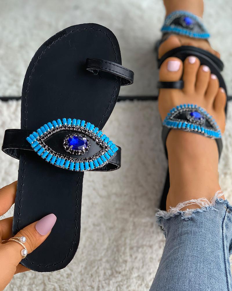 

Rhinestone Eye Pattern Toe Ring Slipper, Black