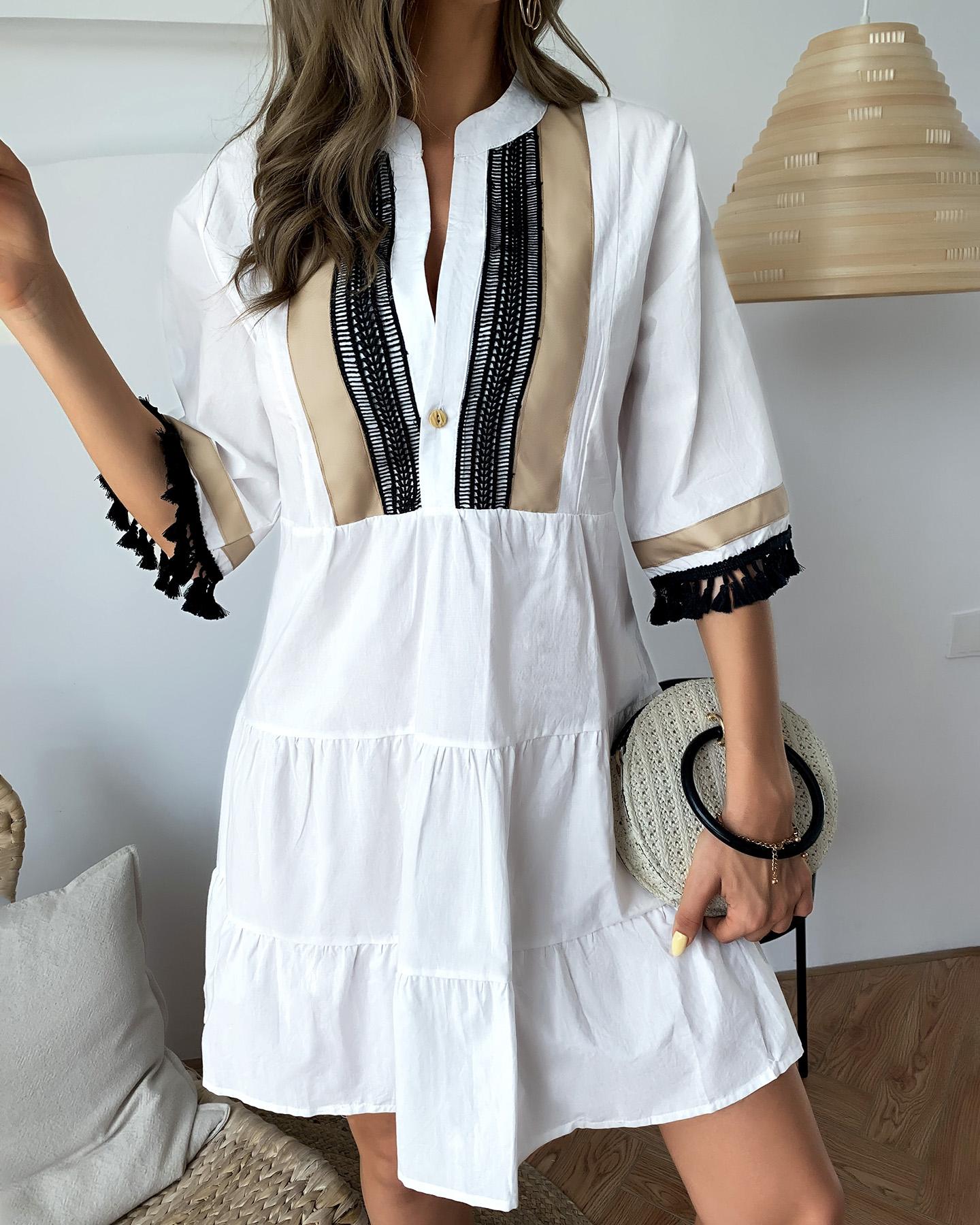 

Buttoned Tassel Design Casual Dress, White
