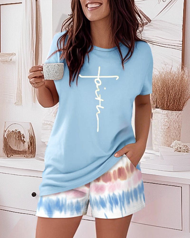 

2 Pieces Outfit Graphic Pattern Short Sleeve Top and Casual Tie Dye Print Pants Set, Blue
