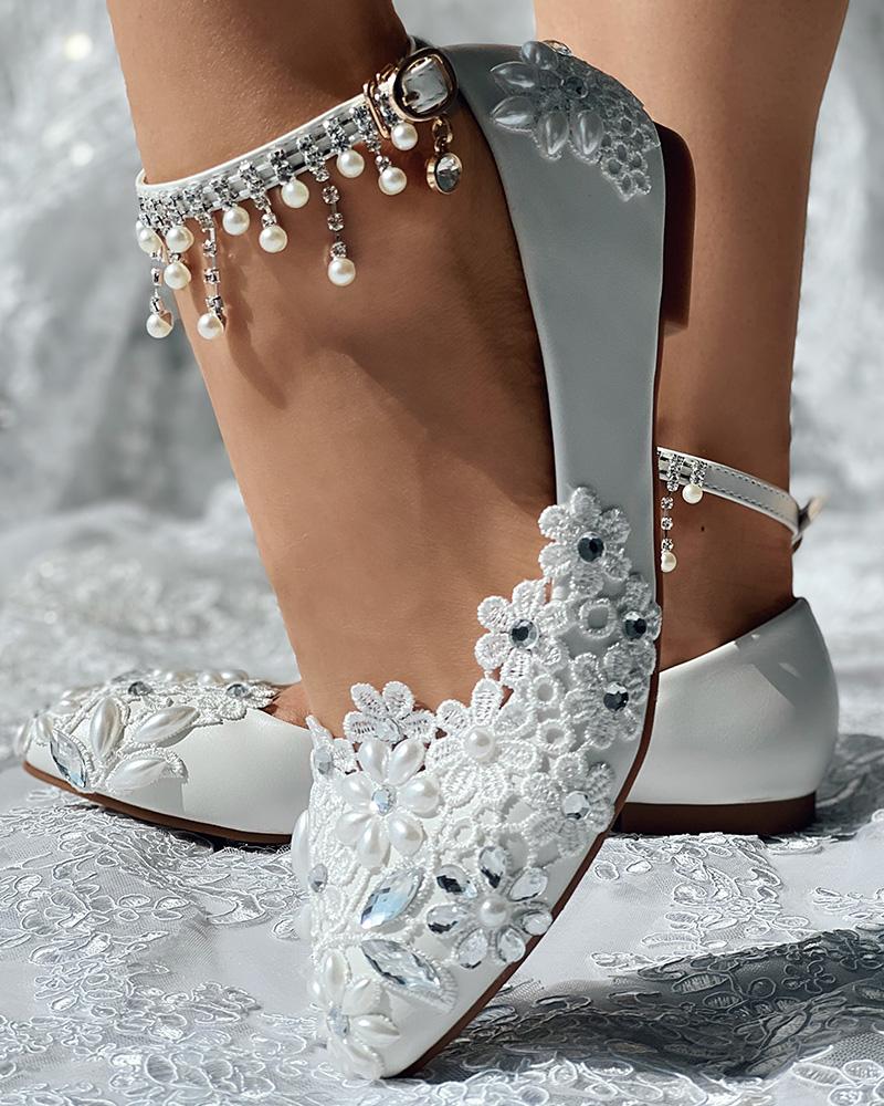 

Crystal Stone Rhinestone Floral Pearls Tassel Comfort Bridal Wedding Loafers, White