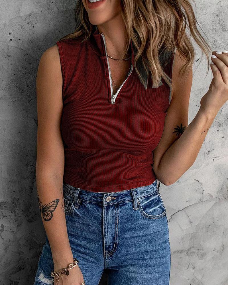 

Zip Front Ribbed Crop Tank Top, Wine red