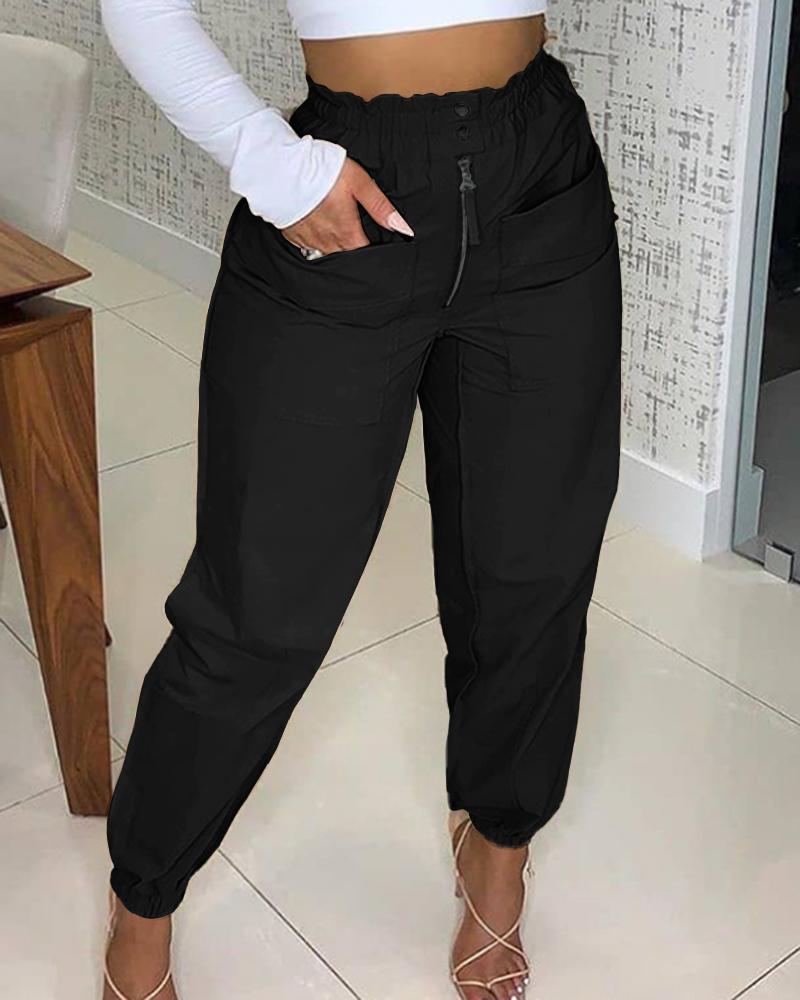 

Shirred Waist Pocket Design Cuffed Pants, Black