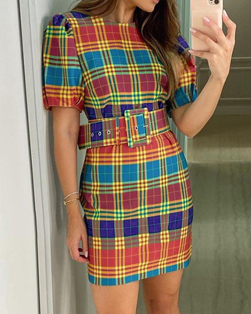 

Puff Sleeve Plaid Print Colorblock Casual Dress, Multicolor
