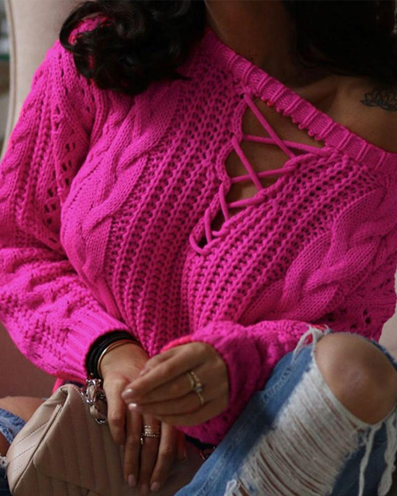 

Lace-Up Front Chunky Cable Knit Sweater, Hot pink