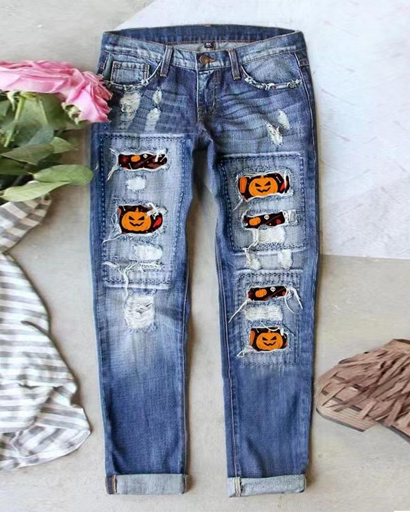 

Halloween Pumpkin Print Ripped Straight Leg Jeans, Blue