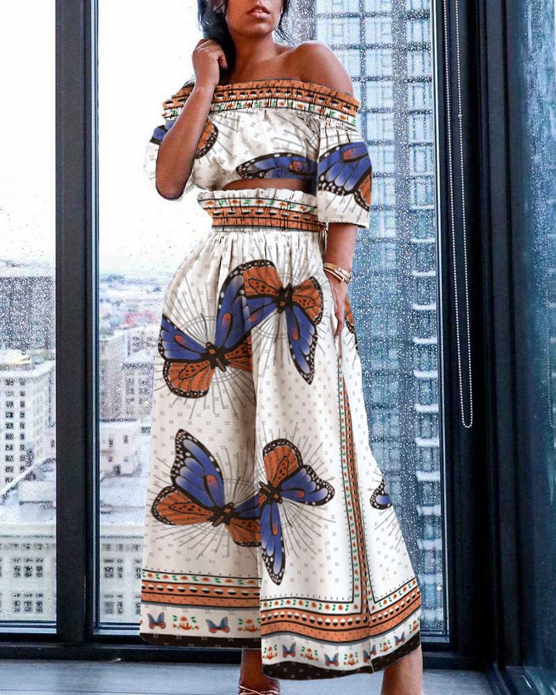 

Butterfly Print Off Shoulder Crop & Wide Leg Pants Sets, White