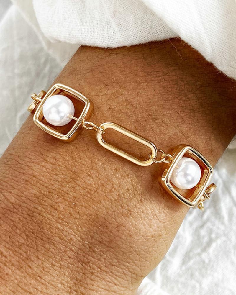 

1pc Hollow Geometric Pearls Bracelet, Gold