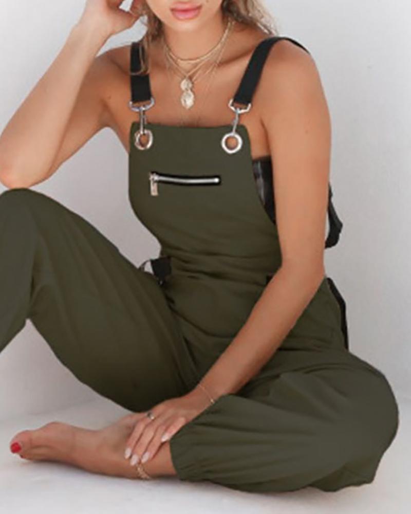 

Hang Buckle Zipper Detail Suspender Jumpsuit, Army green