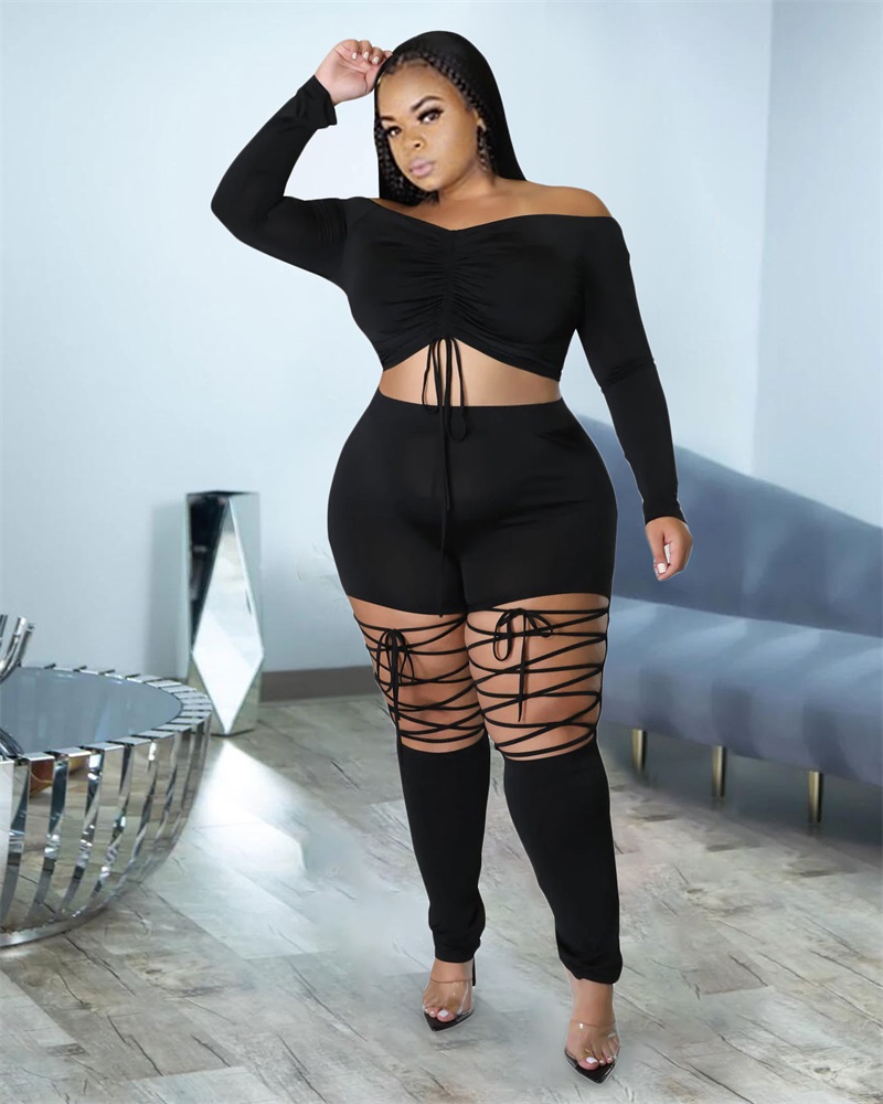 

Plus Size Drawstring Ruched Off Shoulder Crop Top & Pants Set, Black