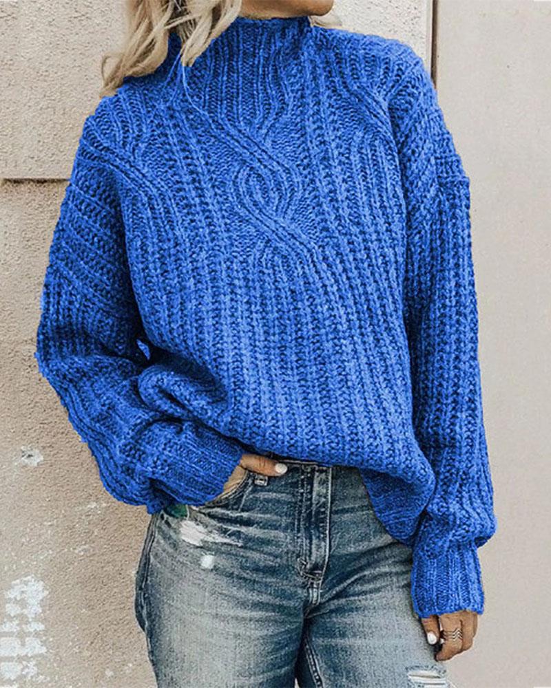 

Long Sleeve Chunky Cable Knit High Neck Sweater, Blue