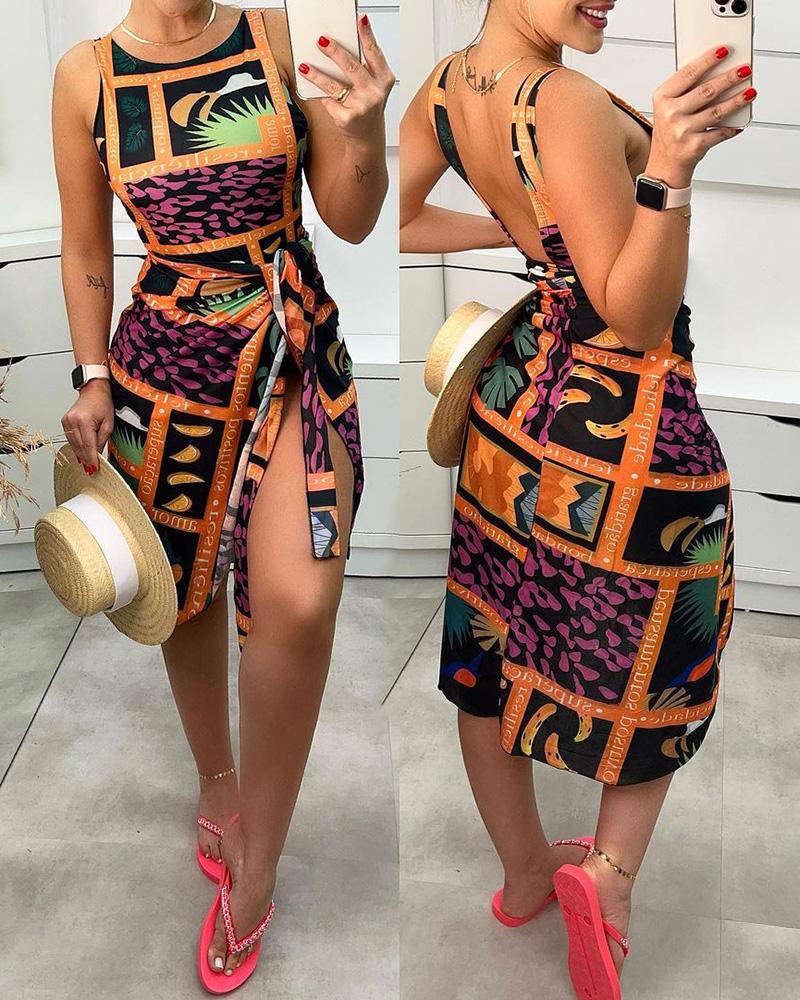 

Graphic Letter Print Backless One Piece Swimsuit With Cover Up, Multicolor
