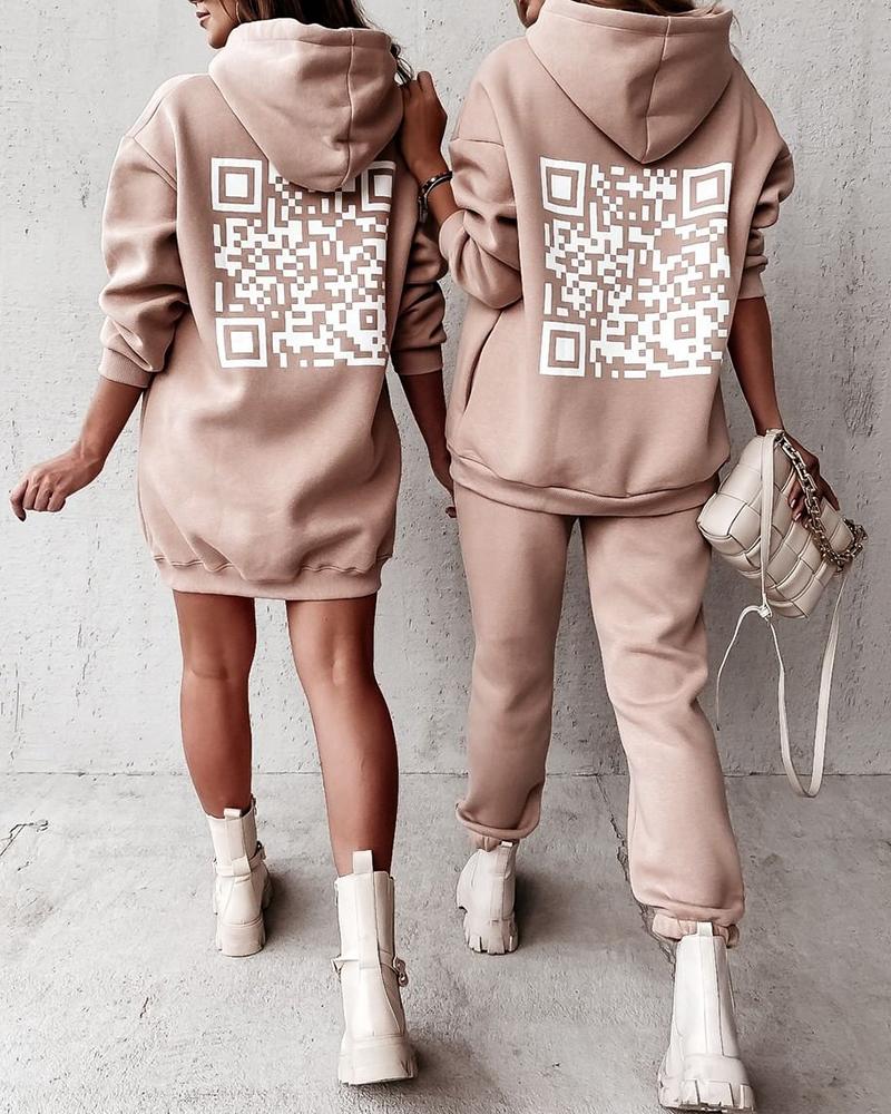 

RECYCLED Long Sleeve Pocket Design Graphic Print Hooded Sweatshirt, Apricot