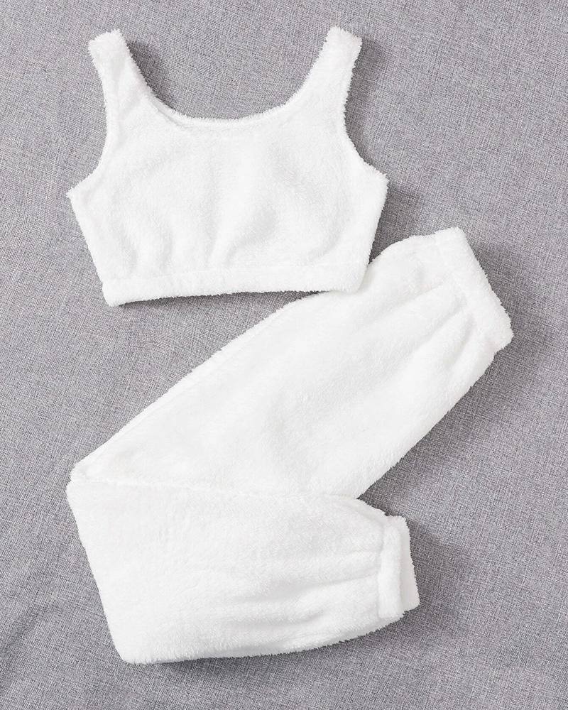

Fluffy U-Neck Sleeveless Pajamas Set, White