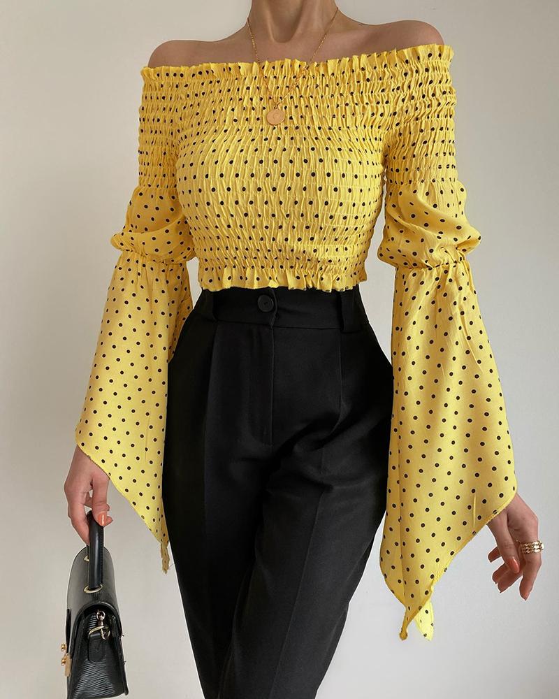 

Polka Dot Print Bell Sleeve Shirred Off Shoulder Top, Yellow