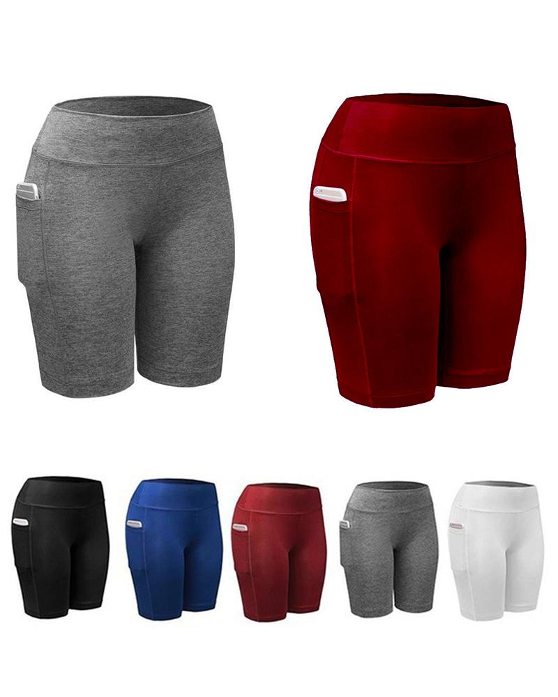 

Pocket Design High-Rise Wide-Waistband Yoga Shorts, Wine red