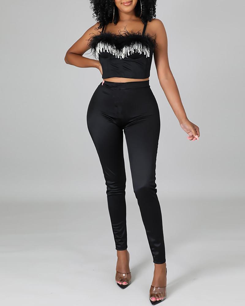 

Backless Feather Decor Crop Top & High Waist Pants Set, Black