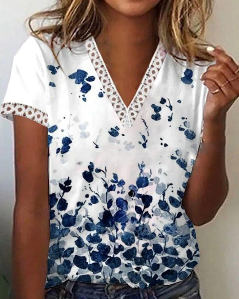 

Plants Print Short Sleeve T-shirt, Blue