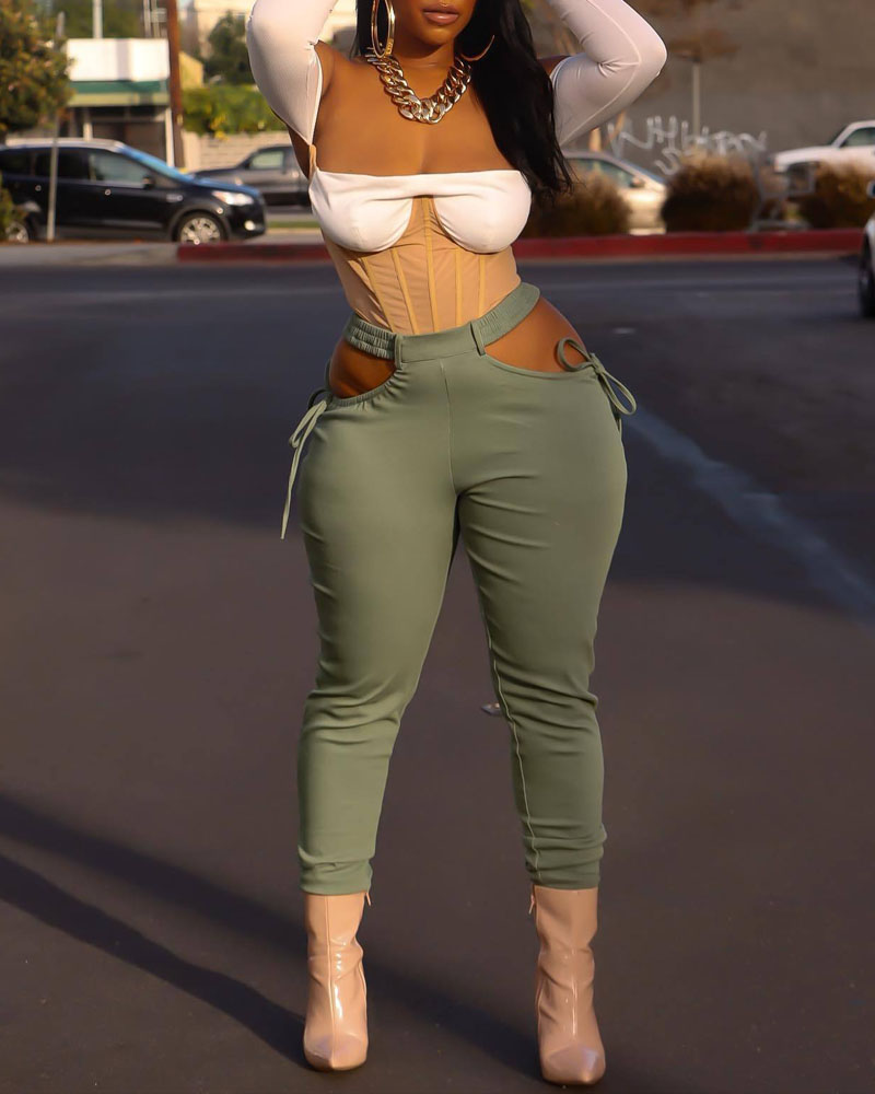 

Cutout Tied Detail Casual Pants, Green
