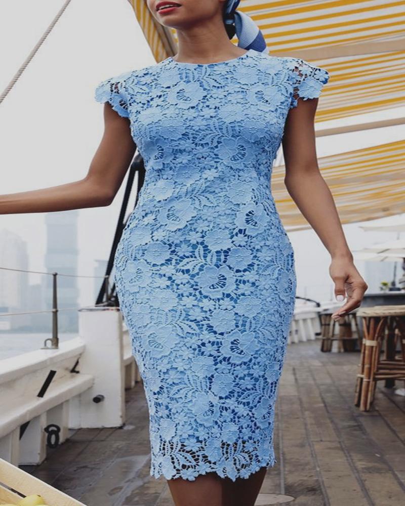

Cap Sleeve Skinny Guipure Lace Dress, Blue