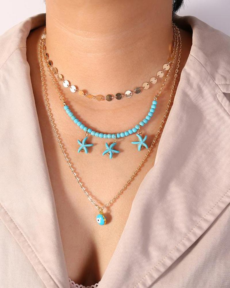 

Sequins Turquoise Starfish Eyes Multilayer Necklace, Green