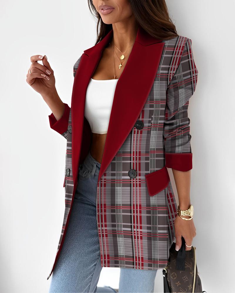 

Plaid Print Colorblock Notched Collar Blazer Coat, Wine red