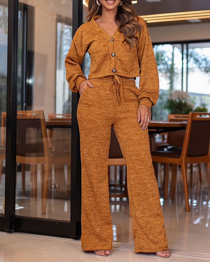 

Conjunto de 2 peças de cardigan de malha felpuda com manga lanterna e calças largas com cordão casual, Dark brown