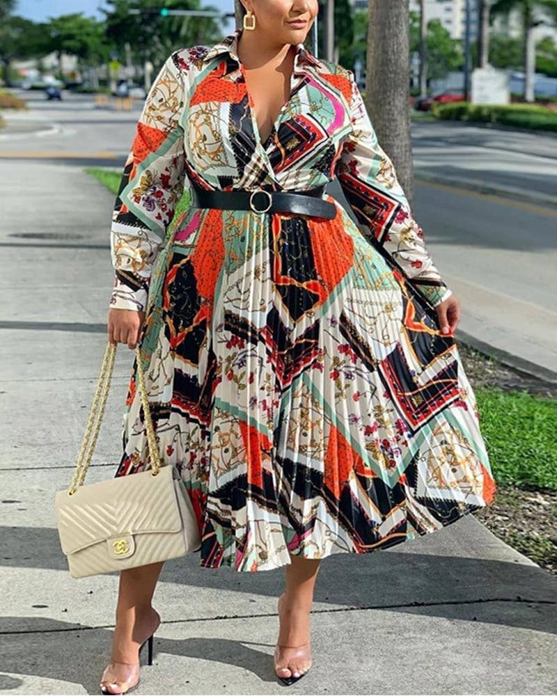 

Plus Size Scarf Print Long Sleeve Pleated Dress, Khaki