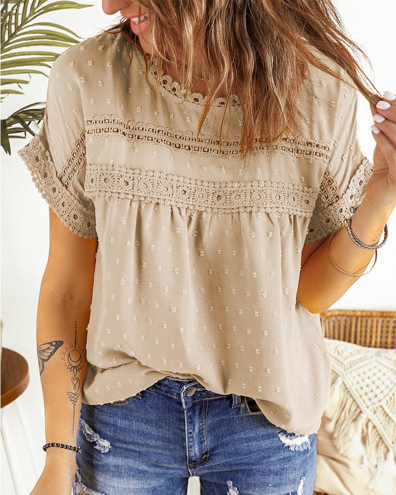 

Swiss Dot Lace Patch Short Sleeve Casual Top, Apricot