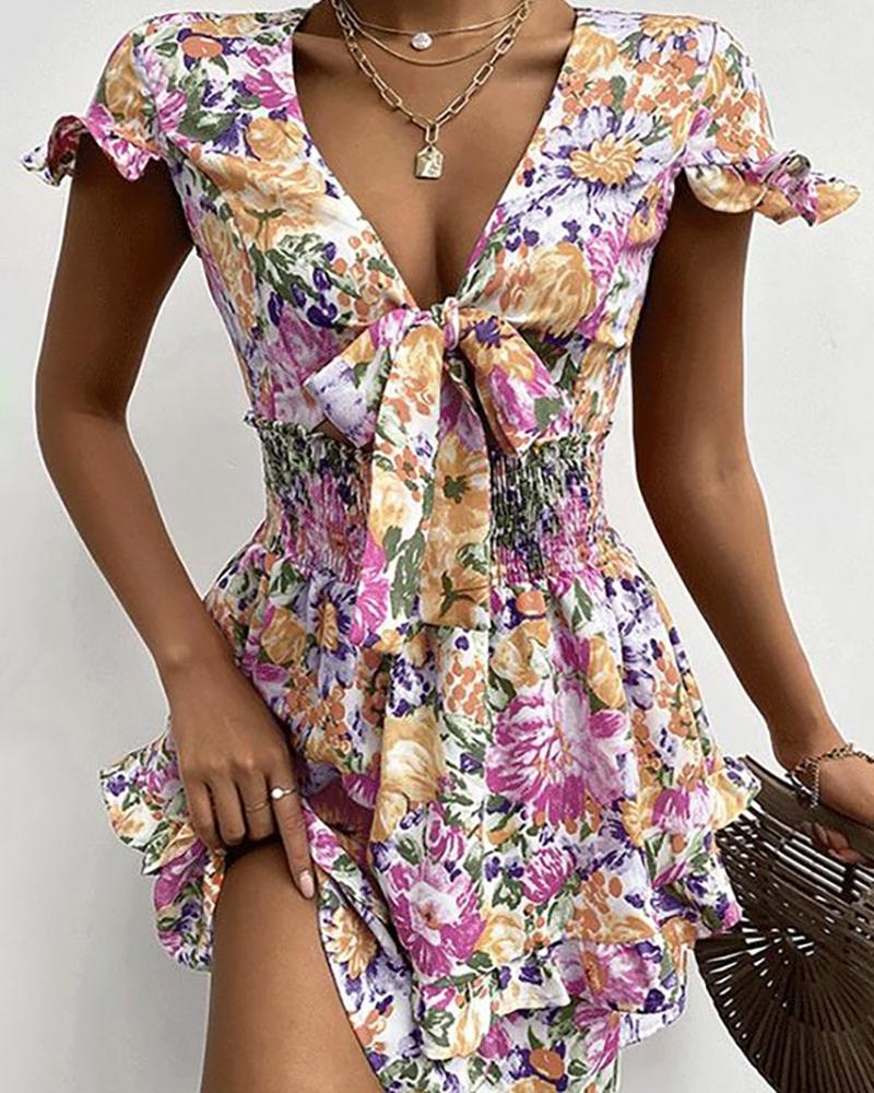 

Floral Print Knotted Shirred Ruffle Hem Dress, Multicolor