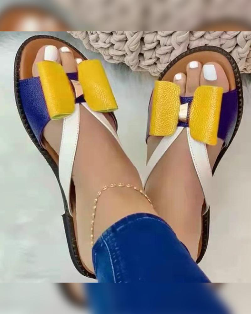 

Round-toe Color Block Bow Strap Flat Slippers, Yellow