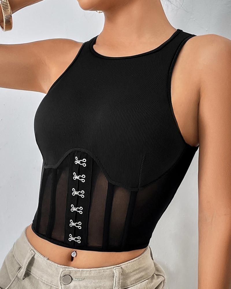 

Sheer Mesh Fishbone Crop Corset Top, Black