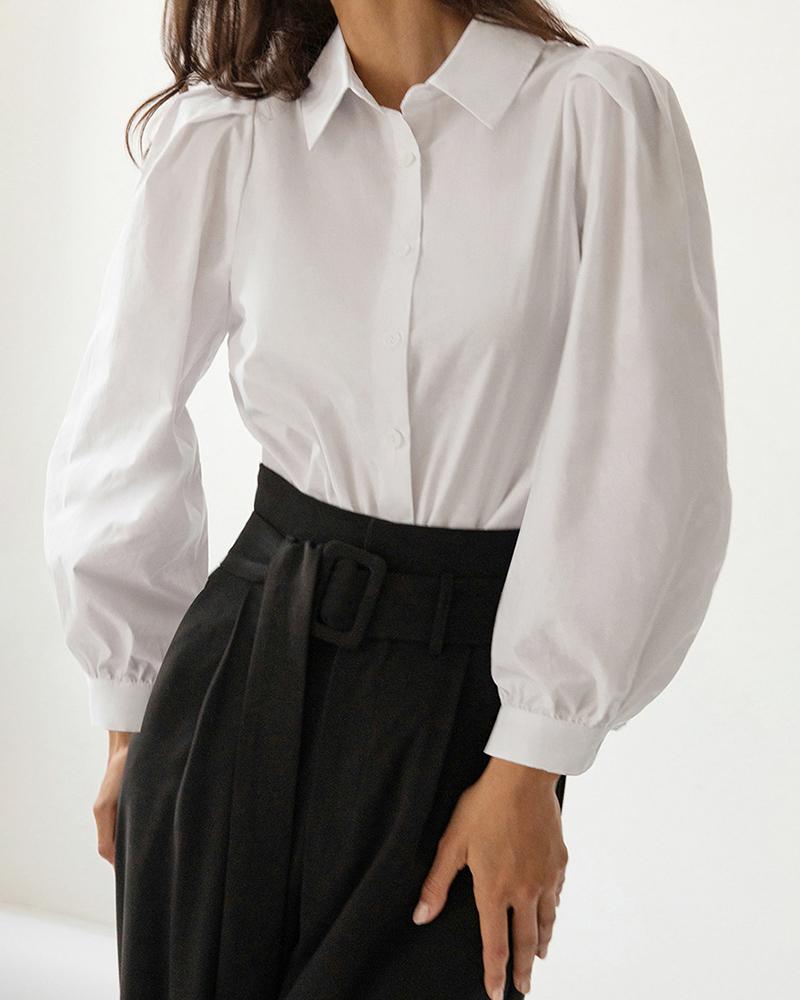 

Puff Lantern Sleeve Buttoned Work Top, White