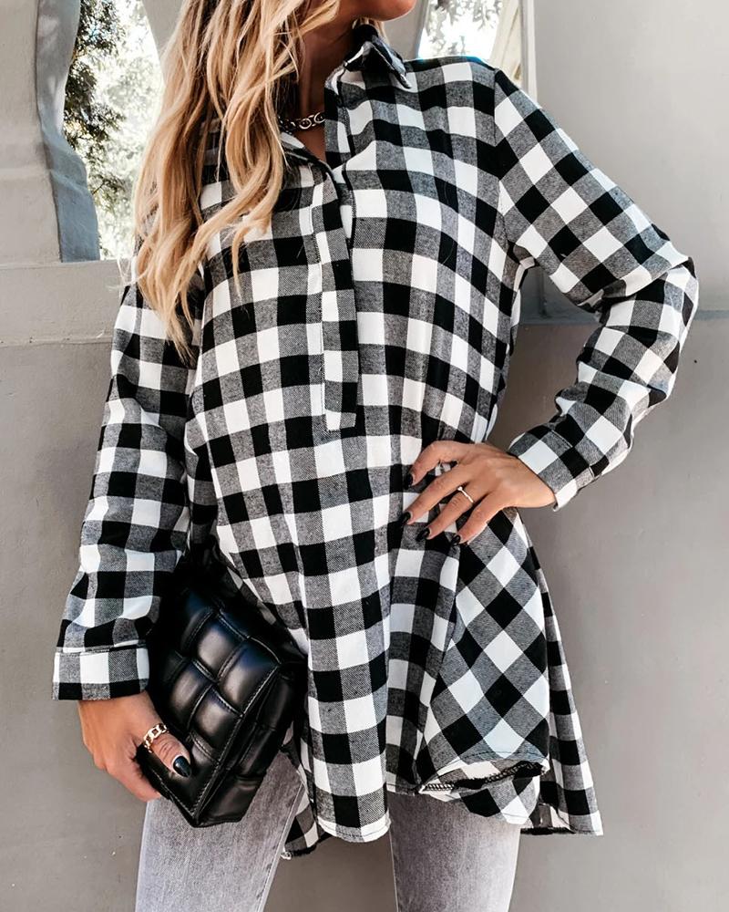 

Plaid Long Sleeve Loose Button-down Slit Women Blouse, White