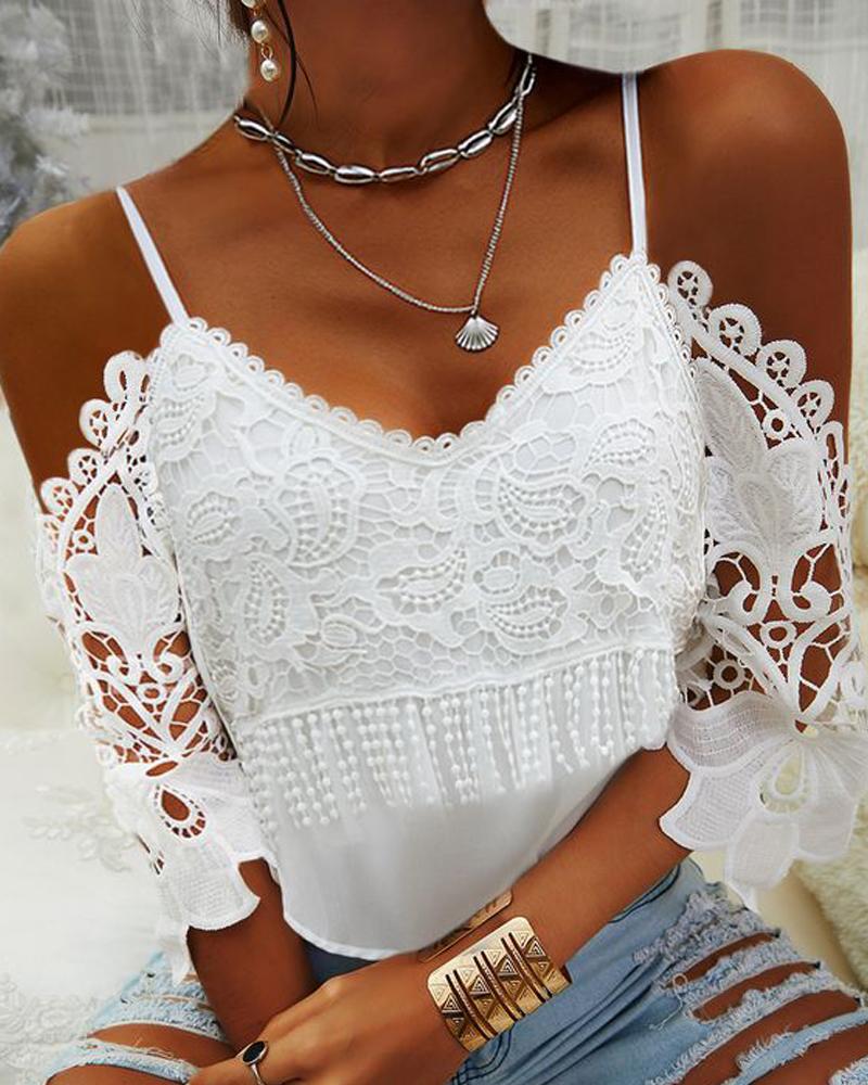 

Contrast Lace Cold Shoulder Top, White