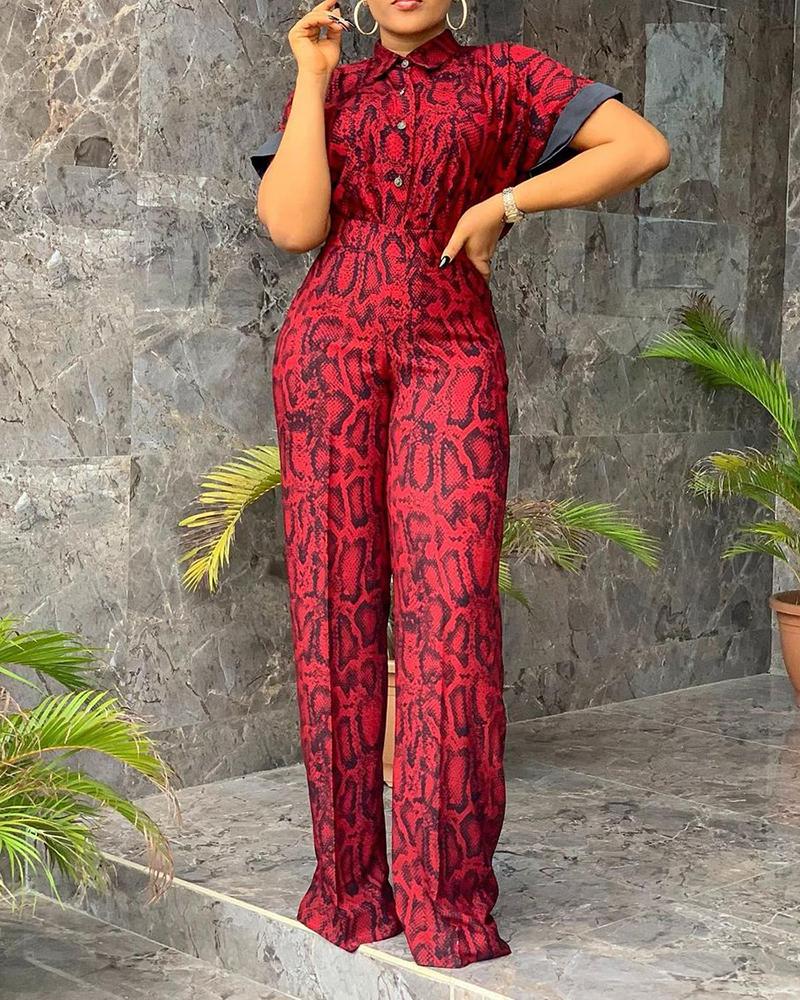 

Snakeskin Print Button Design Jumpsuit, Red