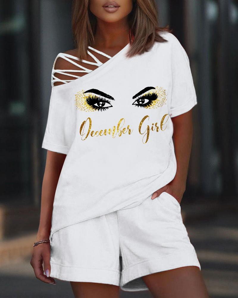 

Figure Letter Print Cold Shoulder Top & Shorts Set, White