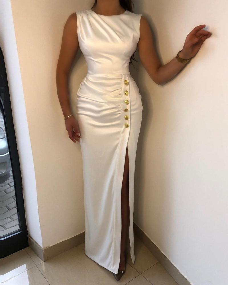 

Button Decor High Slit Party Dress, White