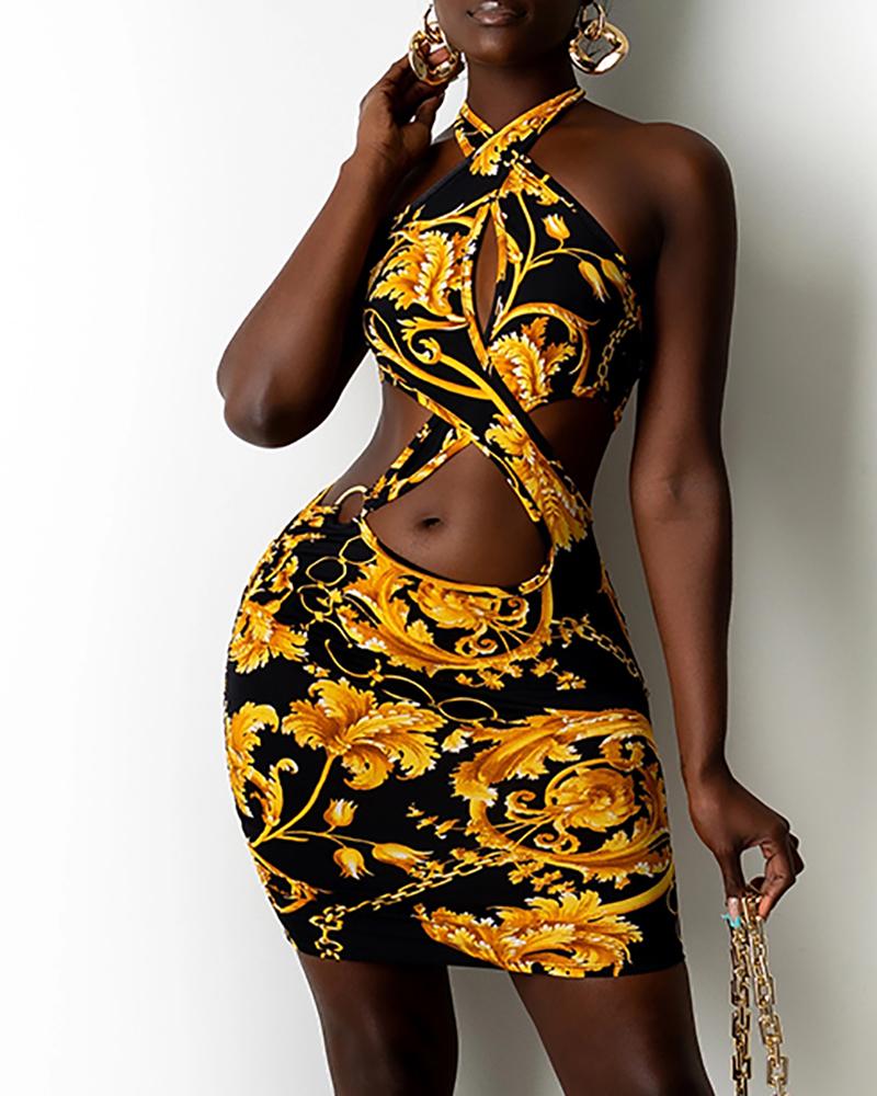 

Halter Floral Chain Print Cutout Bodycon Dress, Multicolor