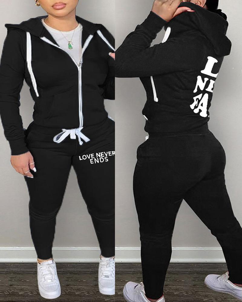 

Plus Size Letter Print Hooded Zip Up Top & Pants Set, Black