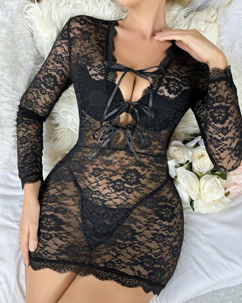 

Plunge Tied Detail Lace Babydoll With Panty, Black