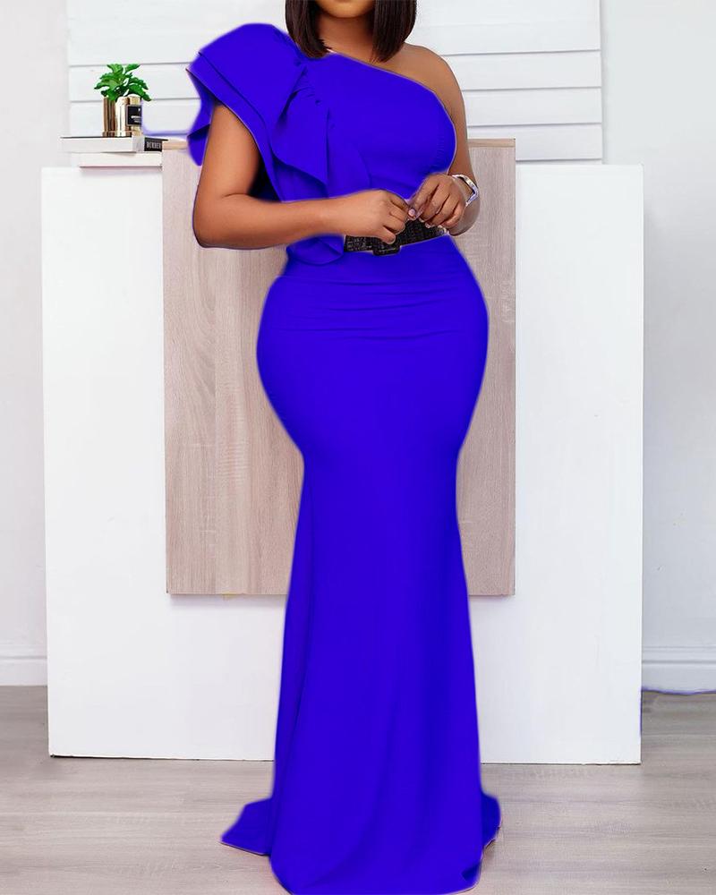 

Ruffle Hem One Shoulder Floor Length Prom Dress, Blue