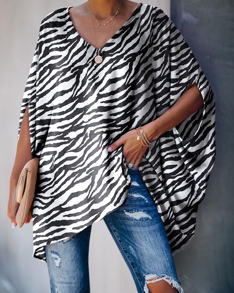 

Zebra Print Batwing Sleeve Casual Top, Black&white