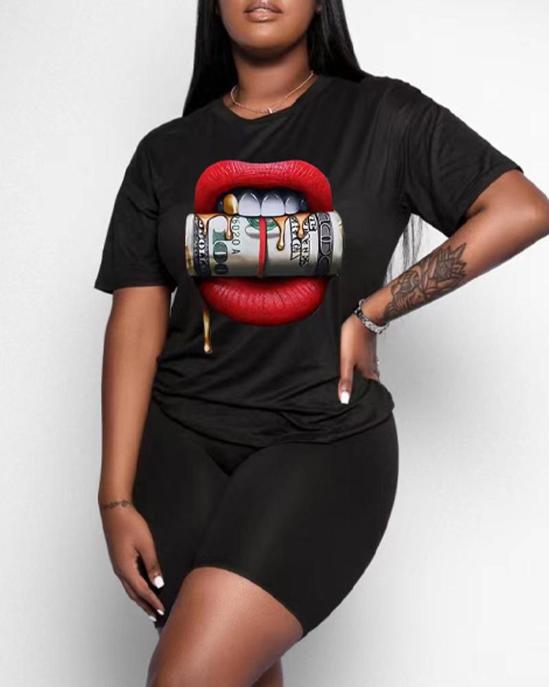 

Lip Print Casual Top & Shorts Set, Black